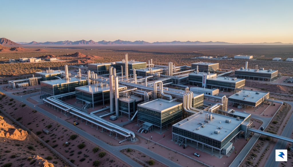 An aerial wide-angle shot of a sprawling, high-tech semiconductor fabrication&hellip;