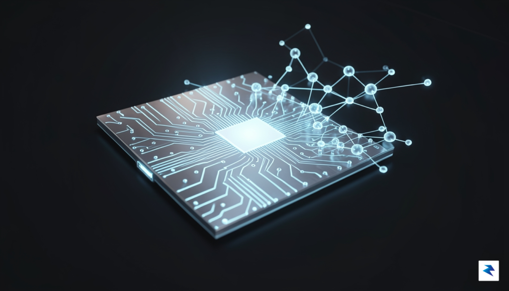 A conceptual digital rendering showing a futuristic, glowing silicon wafer&hellip;