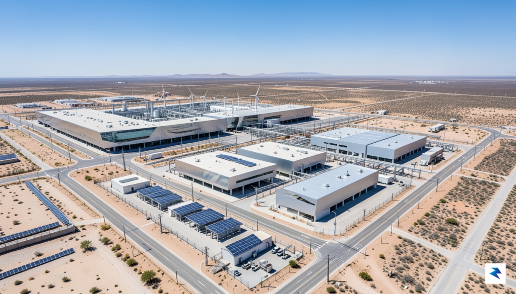 A wide-angle aerial shot of a sprawling semiconductor manufacturing campus&hellip;