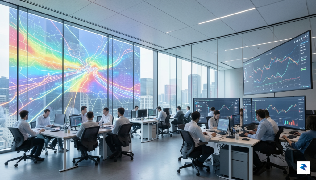 A modern, high-tech research facility featuring digital heat maps of&hellip;