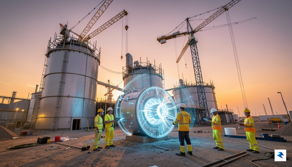 A wide-angle, cinematic shot of a modern, clean nuclear reactor…