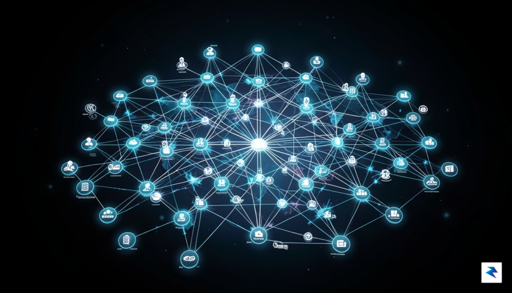 A conceptual digital illustration showing a complex financial network of…