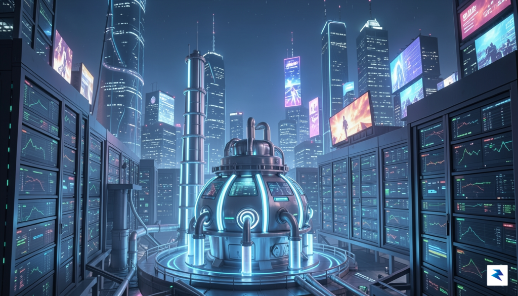 A vibrant, futuristic depiction of a modular nuclear reactor powering…