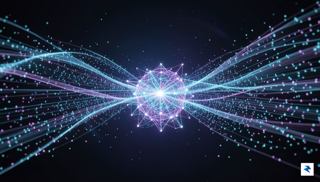 A conceptual digital visualization showing a complex, glowing Zcash network…