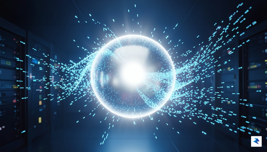 A high-tech, abstract visualization of glowing data particles flowing into…