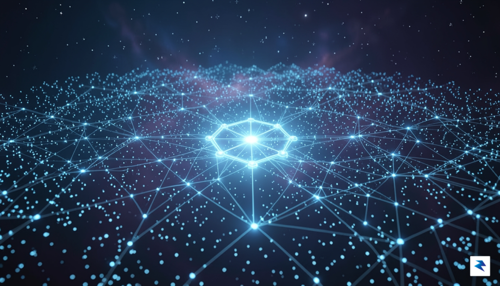 A futuristic digital landscape showing a sleek, glowing network node…