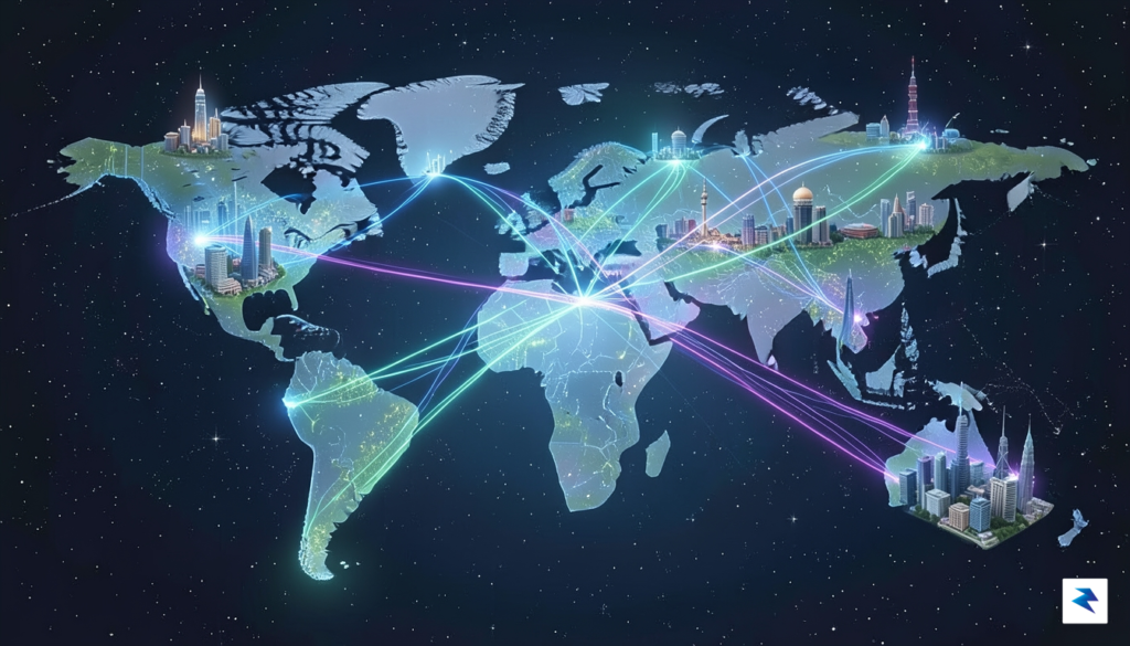 A conceptual digital illustration showing a glowing, high-speed fiber optic…