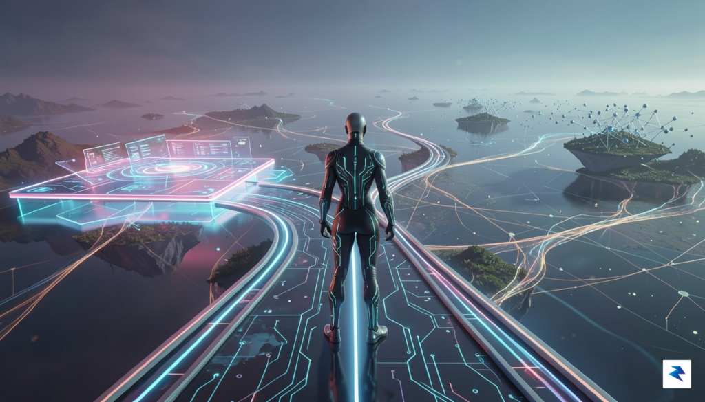 A conceptual digital illustration showing a creator standing at a&hellip;