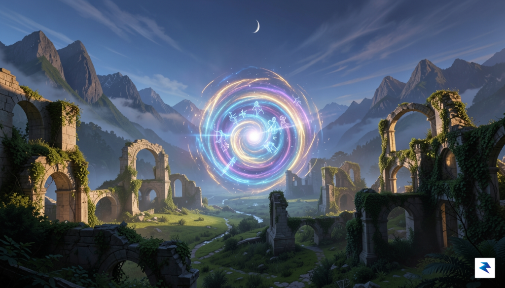 A concept art piece depicting a sprawling, high-fantasy landscape with&hellip;