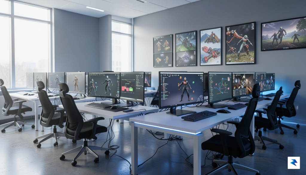 A modern, high-tech game development office with minimalist workstations and&hellip;
