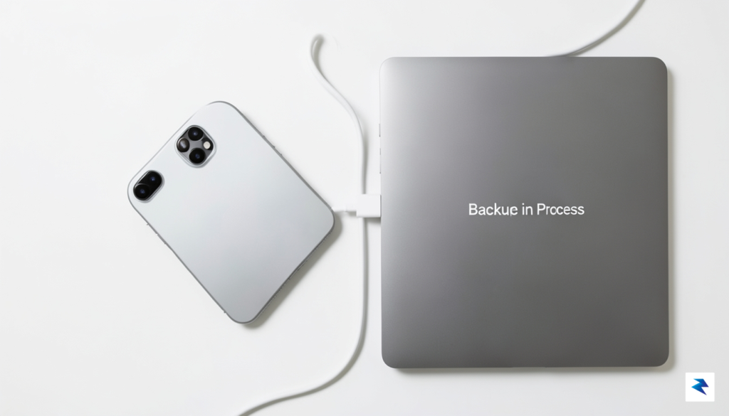 A clean, minimalist flat-lay photograph showing an iPhone connected to&hellip;