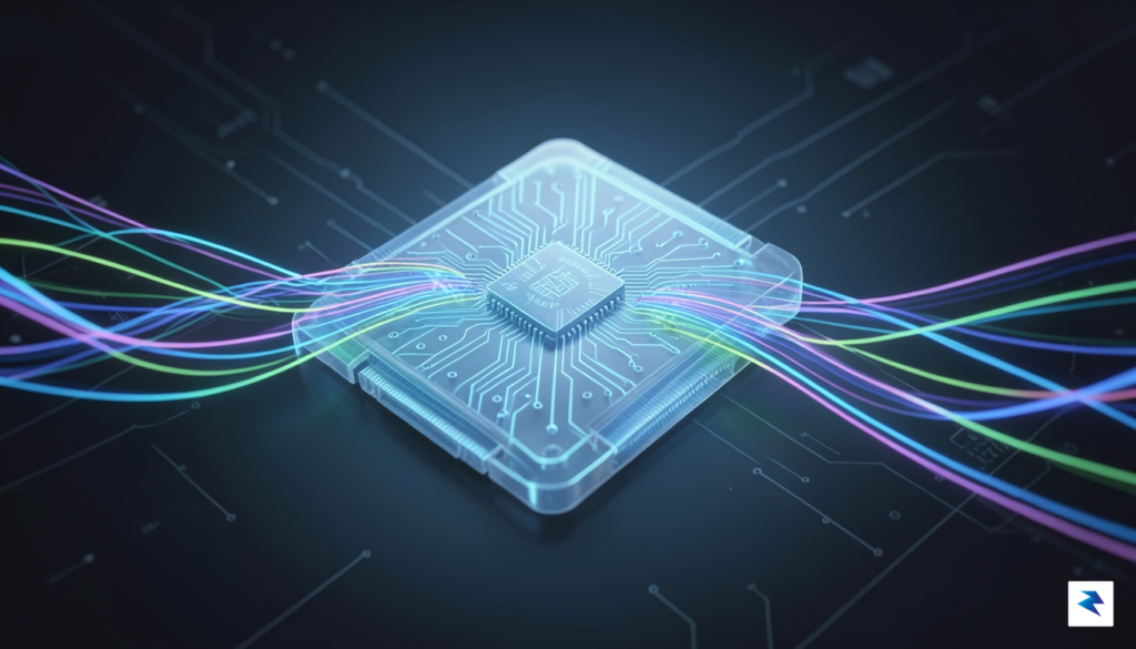 A sleek, high-tech conceptual visualization showing glowing data streams flowing&hellip;
