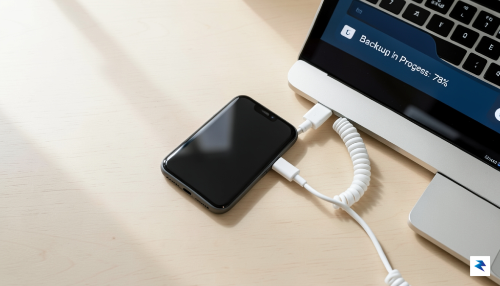 A flat-lay photograph of a modern smartphone connected to a&hellip;