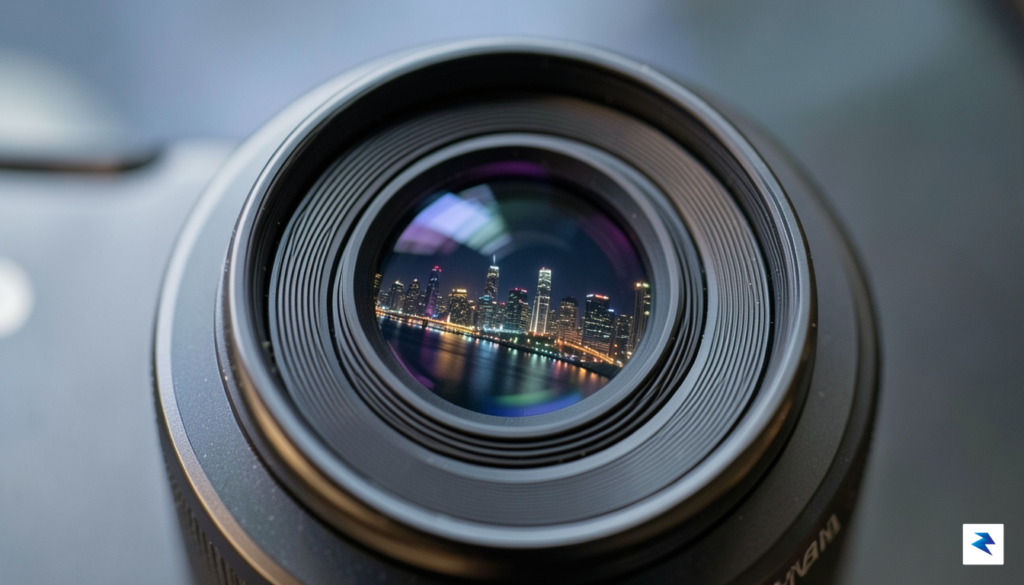 A close-up macro shot of a high-tech smartphone camera lens…