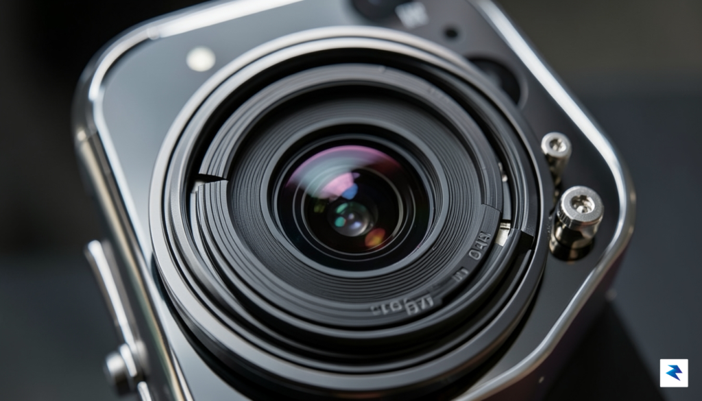 A conceptual, high-tech macro shot of a smartphone camera lens…
