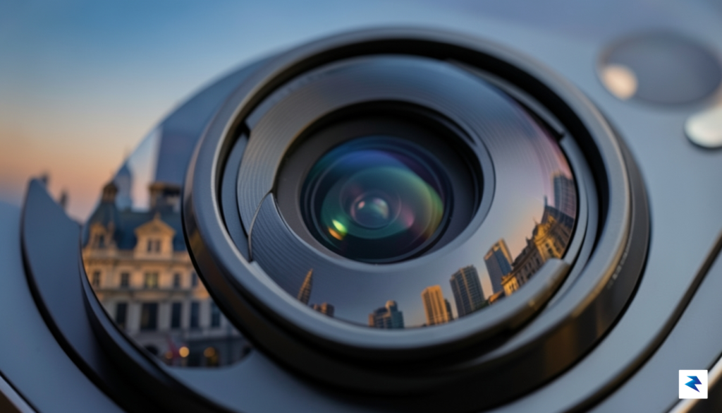 A close-up, high-detail macro shot of a sleek smartphone camera…