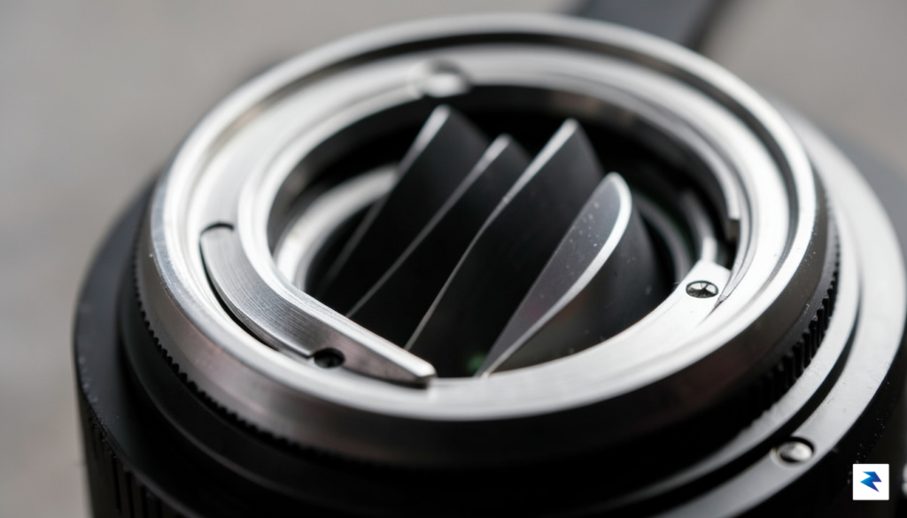 A macro close-up photograph of a professional camera lens iris…