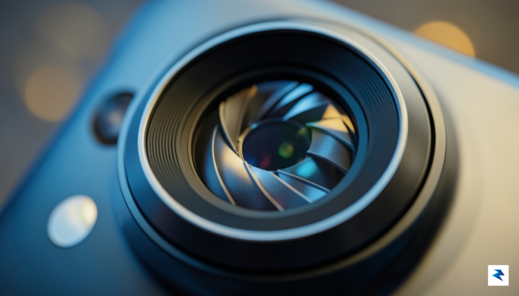 A conceptual, high-tech macro shot of a sleek smartphone camera…
