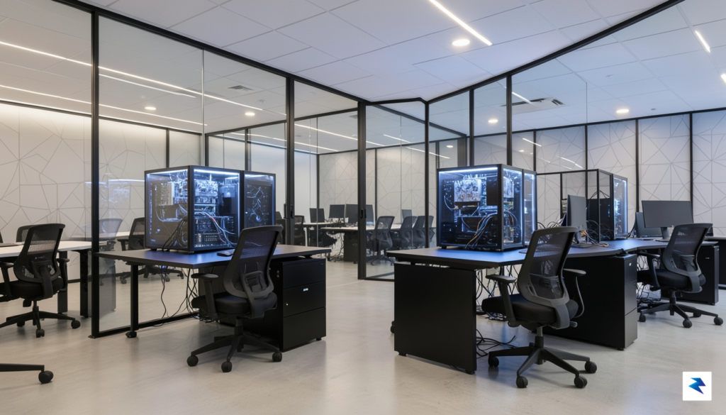 A modern, high-tech European office interior featuring sleek glass walls&hellip;