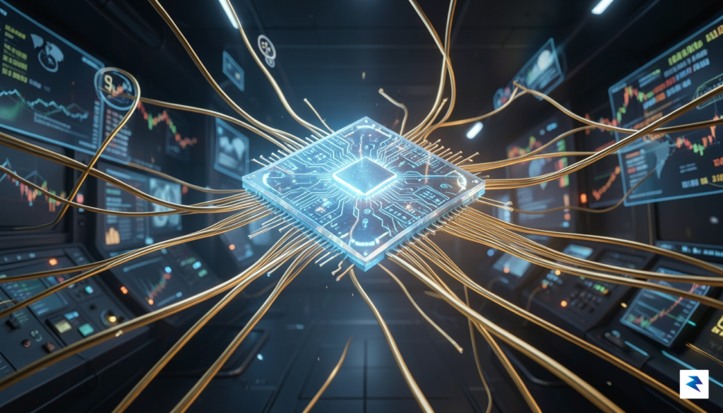 A conceptual digital rendering showing a glowing, intricate quantum processor&hellip;