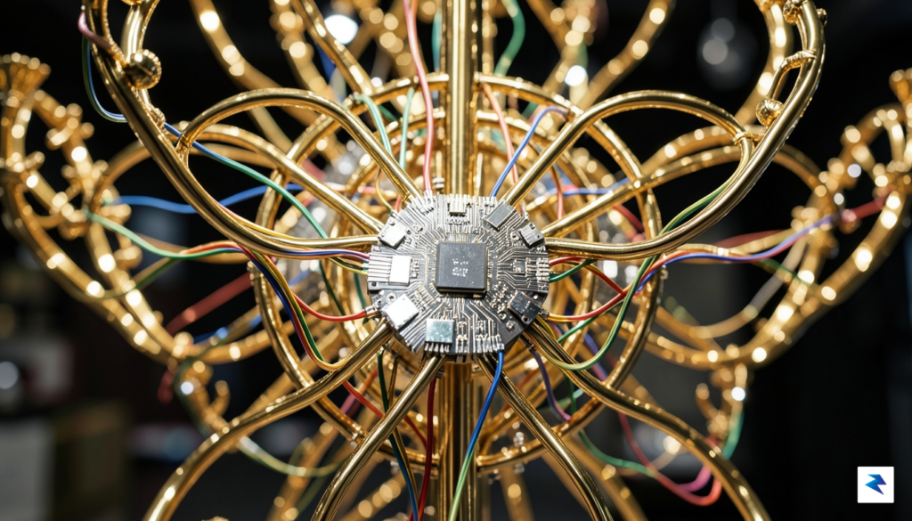 A close-up, high-tech view of a golden, chandelier-like quantum dilution&hellip;