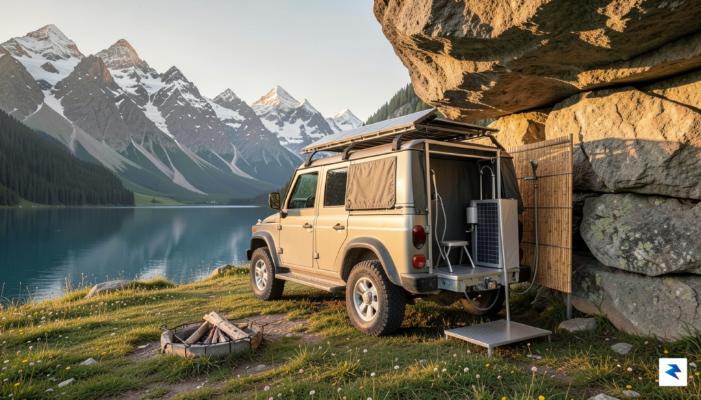 A wide-angle shot of an overlander parked at a scenic,&hellip;