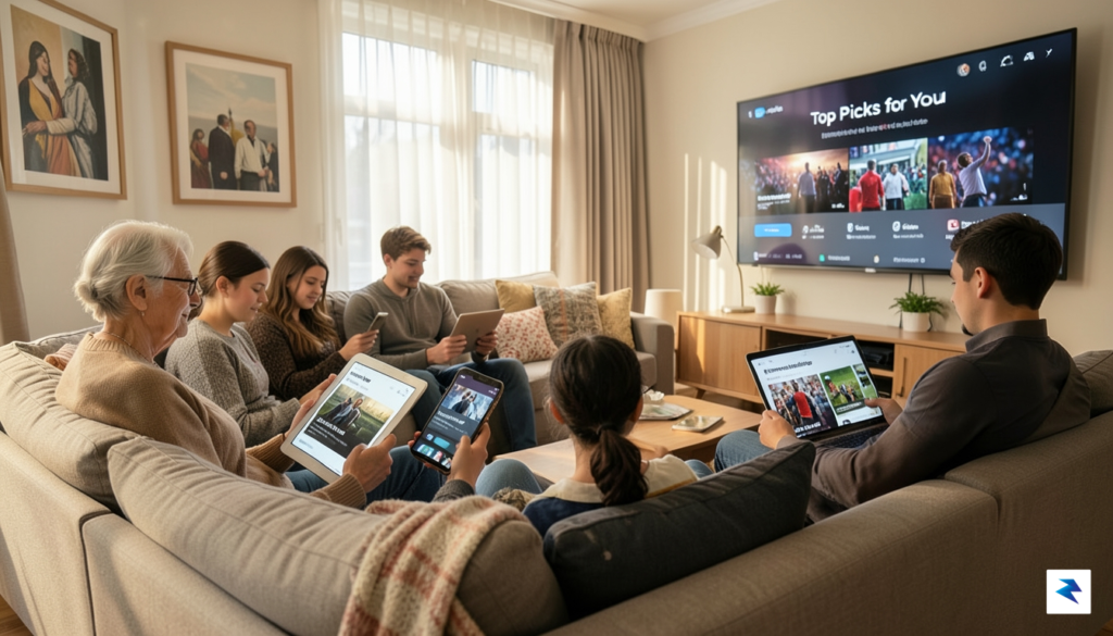A diverse group of people on a couch, each looking…