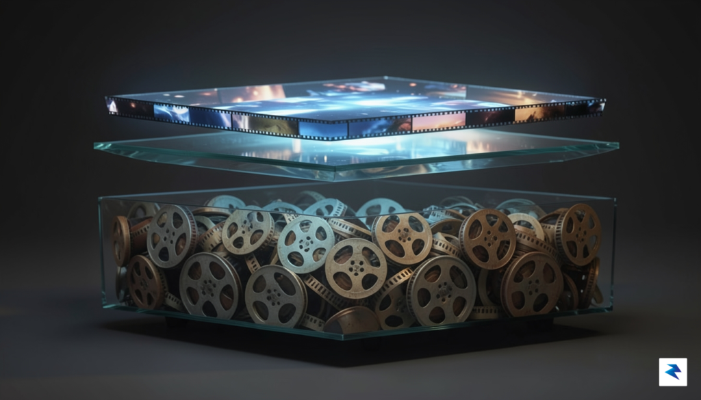 A conceptual digital illustration showing a tiered glass platform, with…