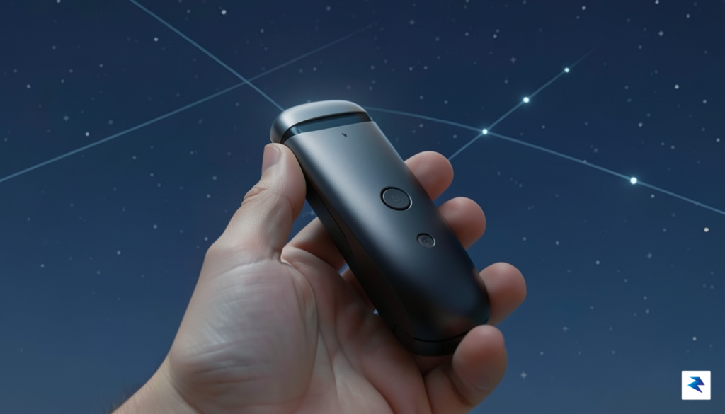 A sleek, minimalist handheld device with a dark, metallic finish,…