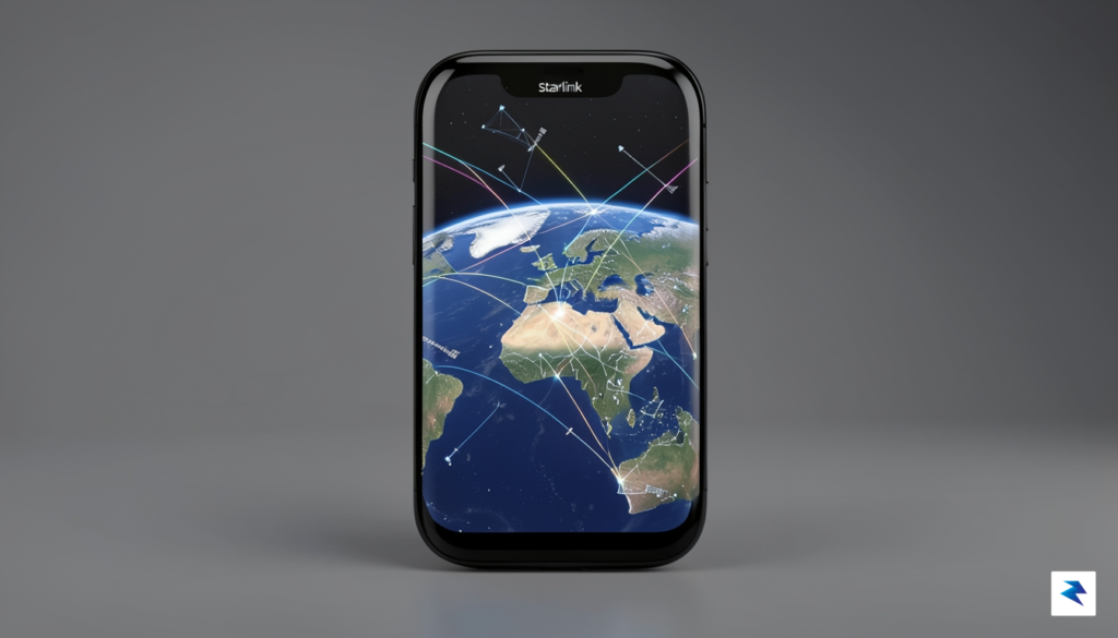 A sleek, futuristic smartphone with a subtle Starlink logo, displaying&hellip;