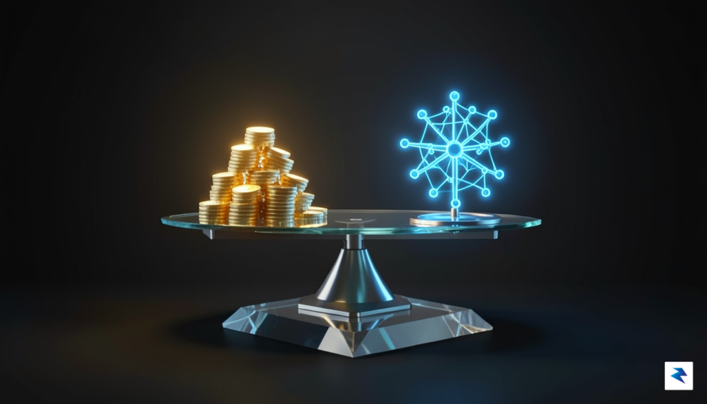 A conceptual digital illustration showing a high-tech scale balanced on&hellip;
