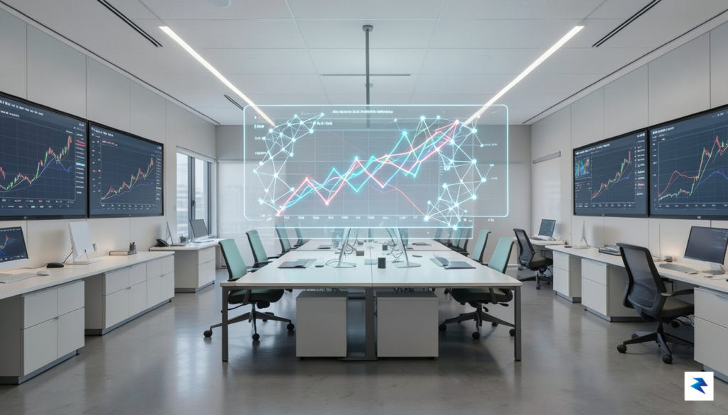 A modern, high-tech financial office showing a 3D digital visualization&hellip;