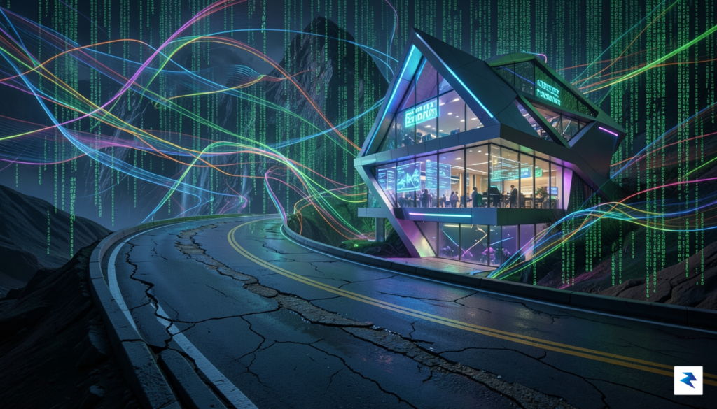 A conceptual digital art piece showing a winding, complex road&hellip;