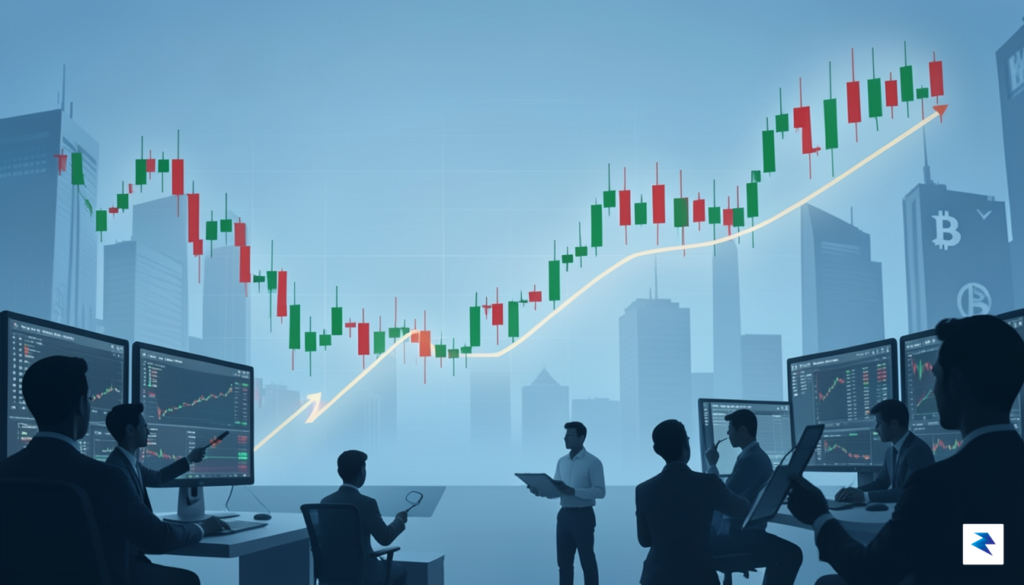 A digital illustration showing a steady, upward-sloping trend line acting…