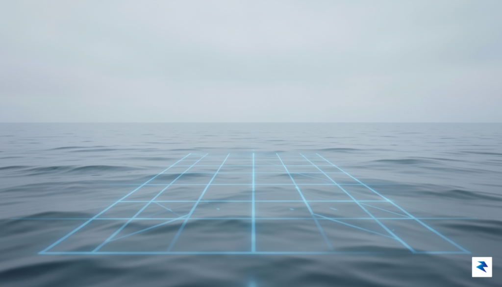 A digital art piece showing a calm, flat ocean surface…