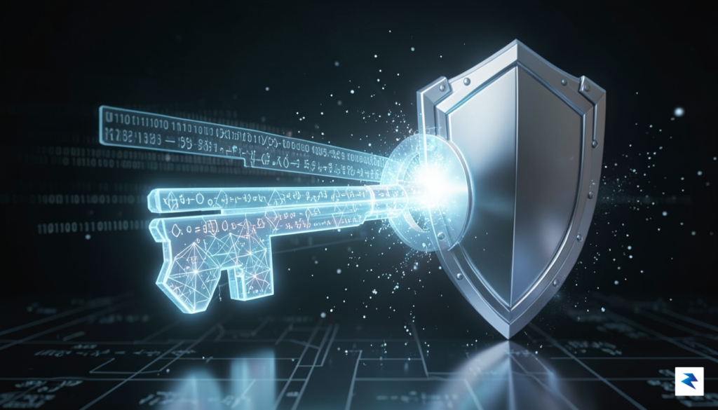 A conceptual digital illustration showing a glowing, multi-layered cryptographic key…