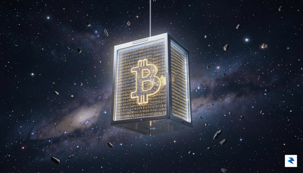 A conceptual digital illustration showing a futuristic, glowing Bitcoin vault…
