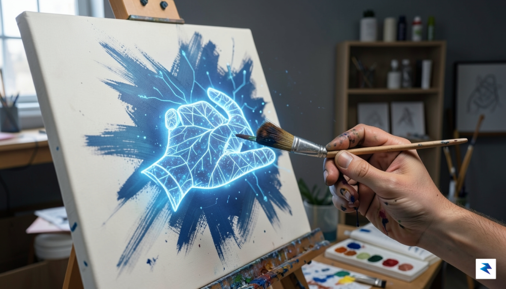 A conceptual illustration showing a digital, glowing neural network hand…