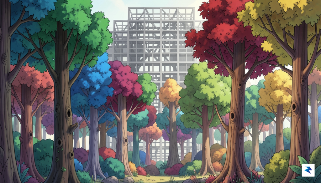 A conceptual illustration showing a vibrant, colorful forest of uniquely…