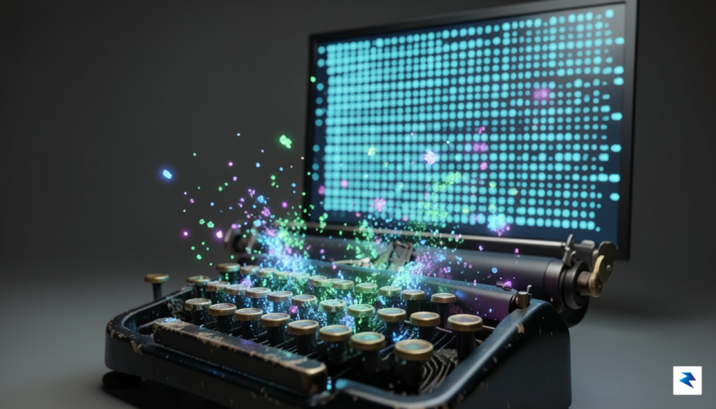 A conceptual illustration showing a vintage typewriter keyboard dissolving into…