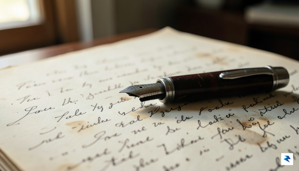 A close-up, artistic shot of an old, weathered fountain pen…