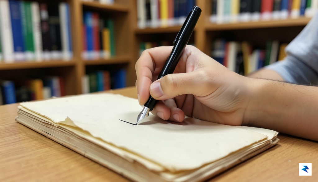 A close-up, high-resolution photo of a student's hands writing in…
