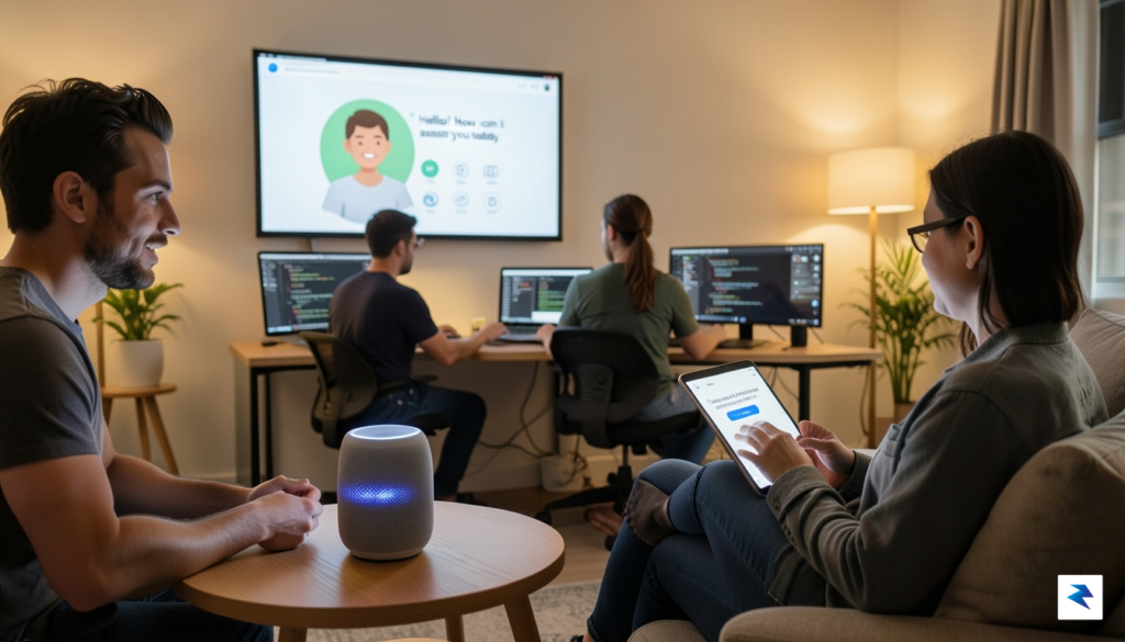 A diverse group of people interacting with AI across various…