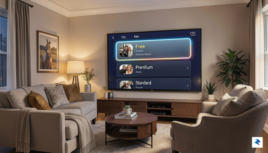 A conceptual digital illustration showing a tiered streaming service menu…