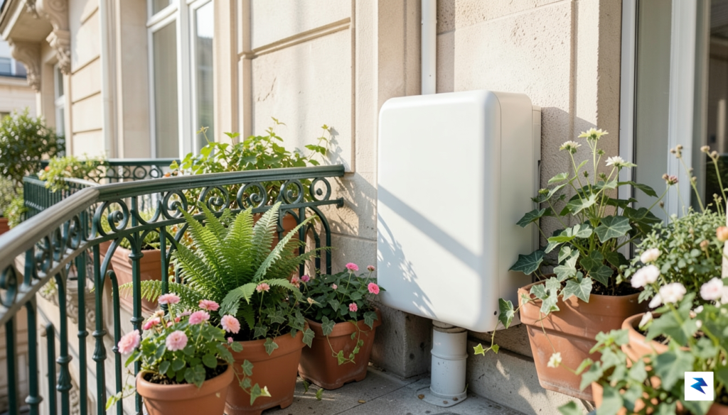 A sleek, modern residential heat pump unit installed discreetly on…