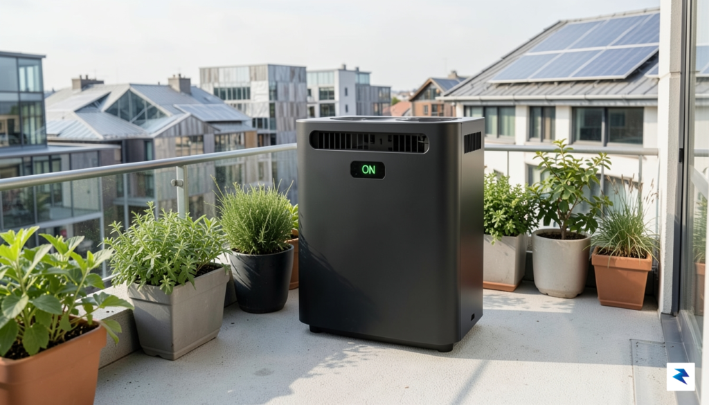 A modern, sleek heat pump unit installed on a balcony…