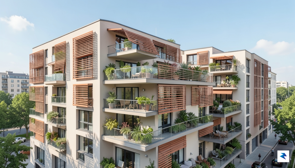 A modern European apartment complex featuring terracotta sun-shading louvers, green…