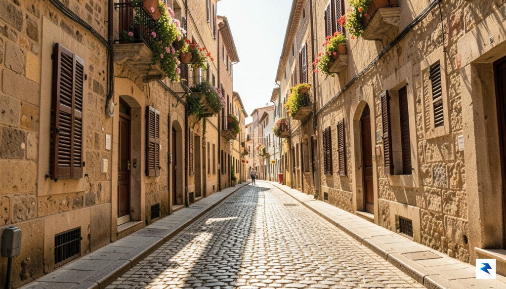 A narrow, historic European cobblestone street lined with tall, stone…