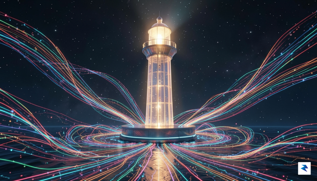 A conceptual illustration of a digital lighthouse standing tall amidst&hellip;