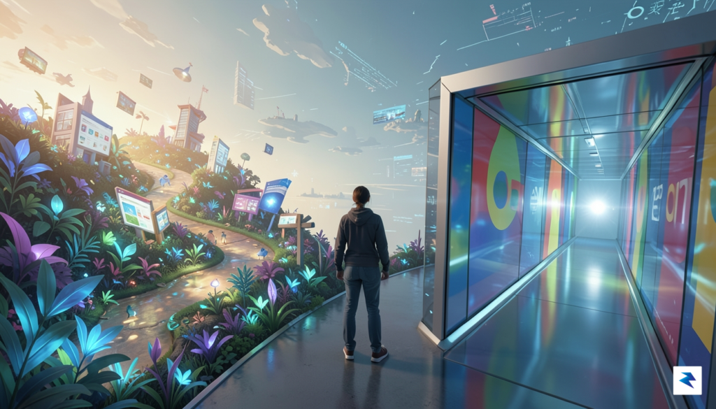 A conceptual digital illustration showing a user standing at a&hellip;